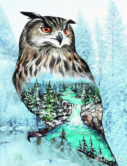Алмазная мозаика 40x50 Филин и красивый зимний пей