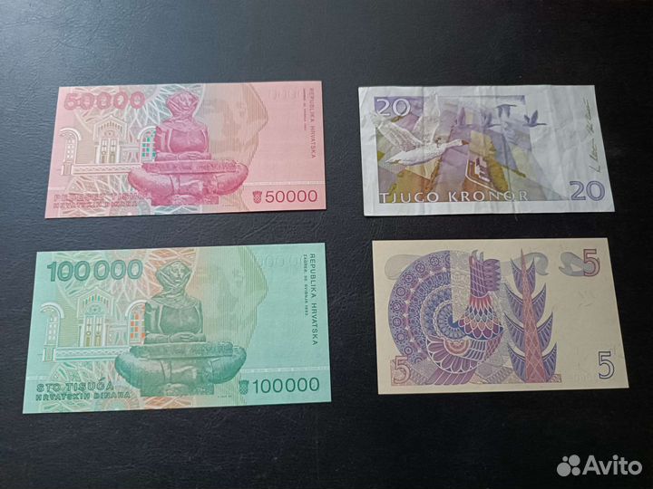 Банкноты Швеции, Хорватии, 4 шт, UNC + F