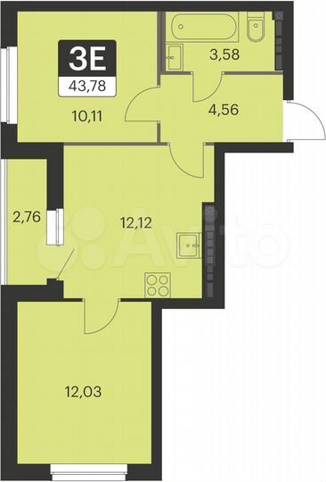 2-к. квартира, 43,8 м², 12/16 эт.