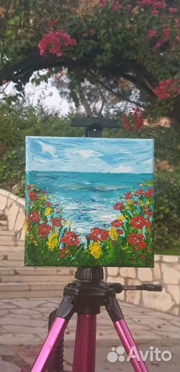 Картина на холсте акрил 20/20см пейзаж море цветы