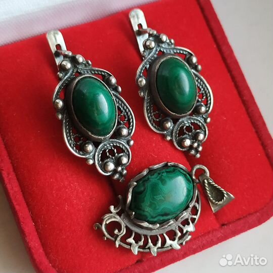 Комплект серебро 925 малахит винтаж серьги кулон