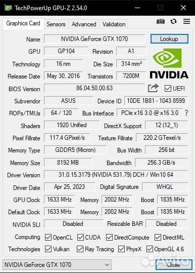 Nvidia geforce GTX 1070 8gb