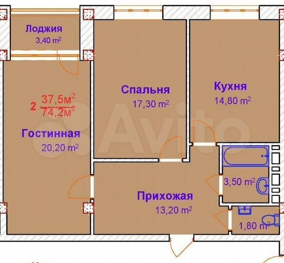 2-к. квартира, 74 м², 2/5 эт.