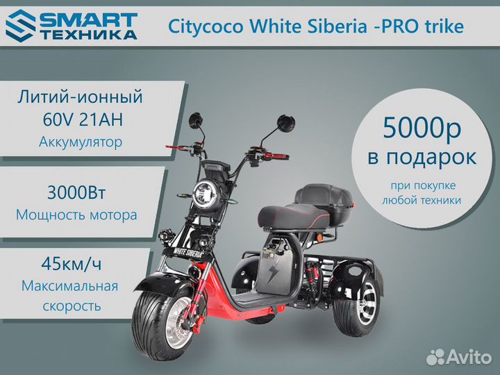 Электроскутер Citycoco White Siberia -PRO trike 30