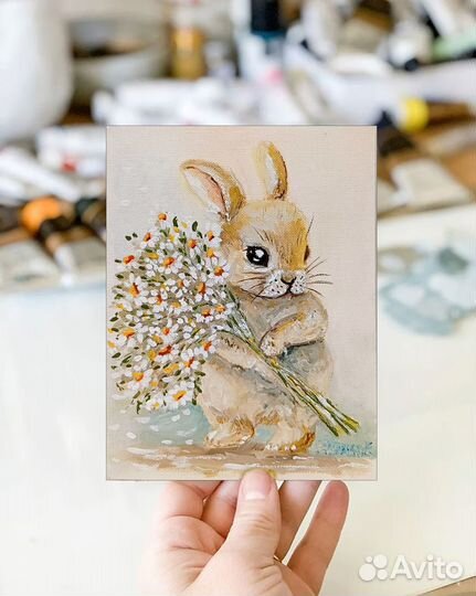 Картина маслом Зайчик с ромашками