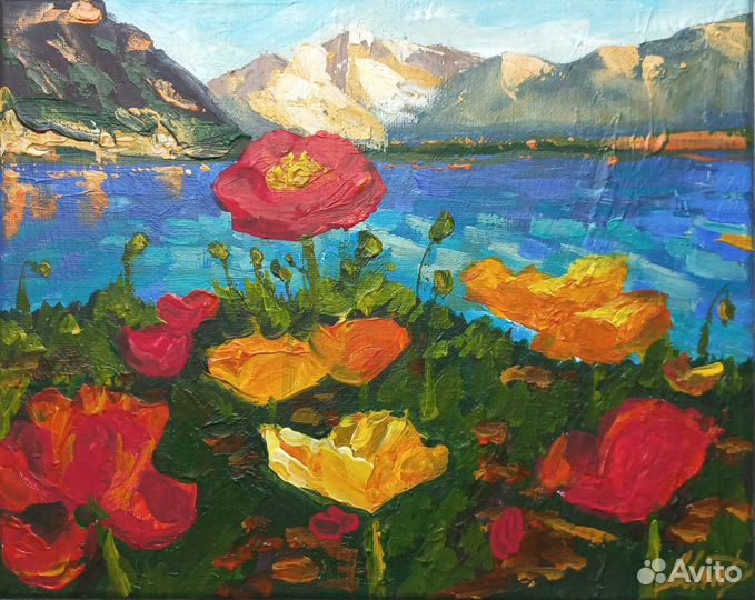 Картина маслом красные маки горный пейзаж