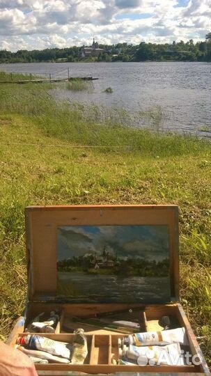 Небольшая картина маслом Старая Ладога,монастырь