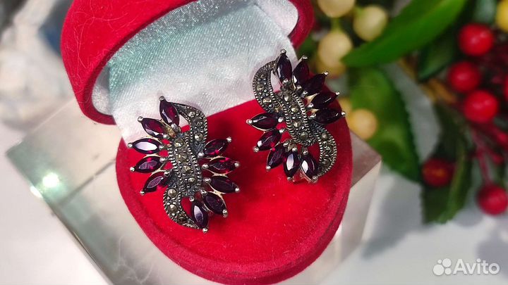 Серьги пиропы+ альмандины (гранат), 12 гр, 925