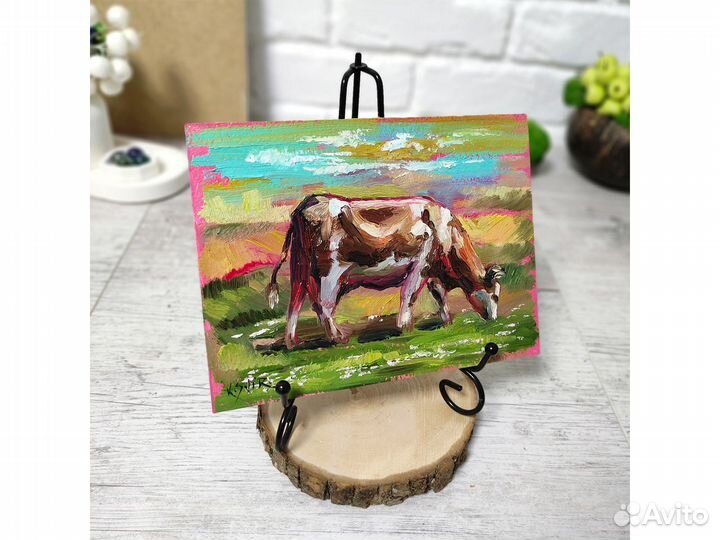 Картина корова в поле, миниатюра маслом 20х15 см