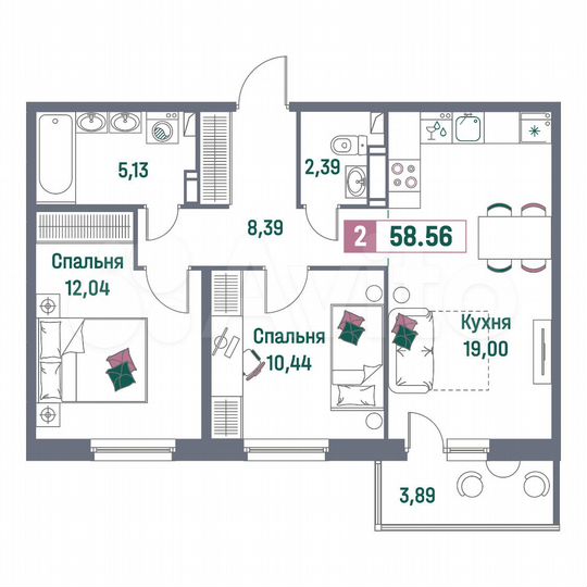 2-к. квартира, 58,6 м², 9/16 эт.