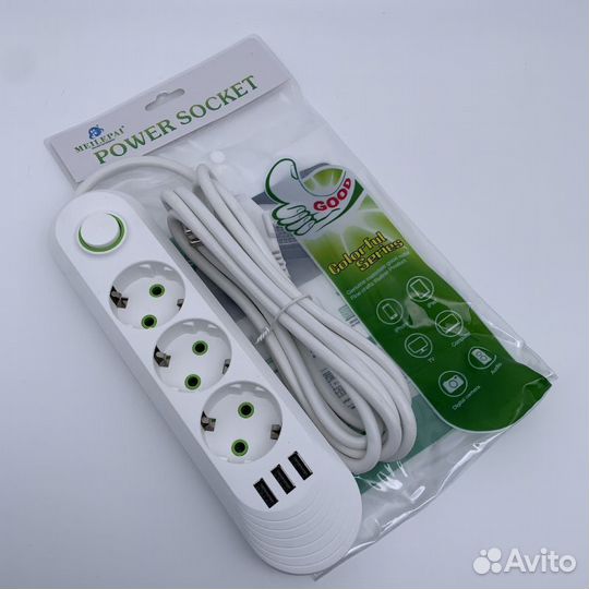 Удлинитель 2 м (3 розетки, 3 USB)