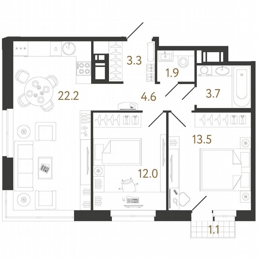 2-к. квартира, 61,2 м², 6/12 эт.