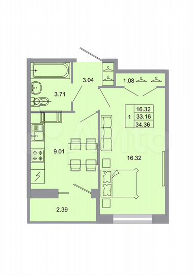 1-к. квартира, 34,4 м², 6/20 эт.