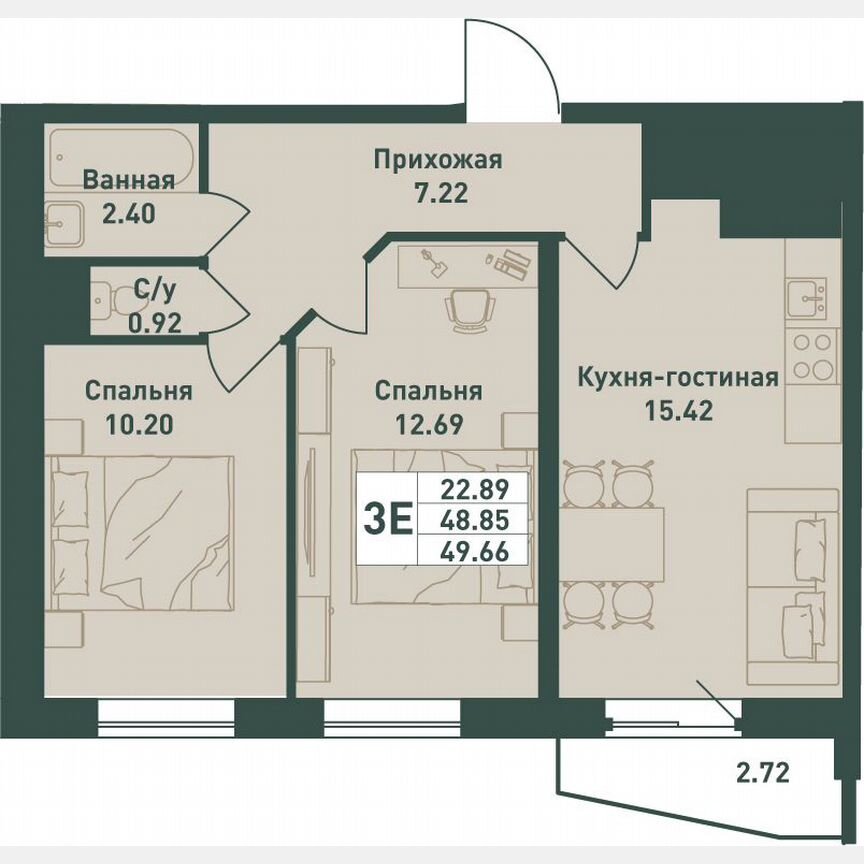 3-к. квартира, 49,7 м², 15/16 эт.