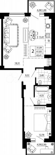 2-к. квартира, 65,4 м², 6/24 эт.