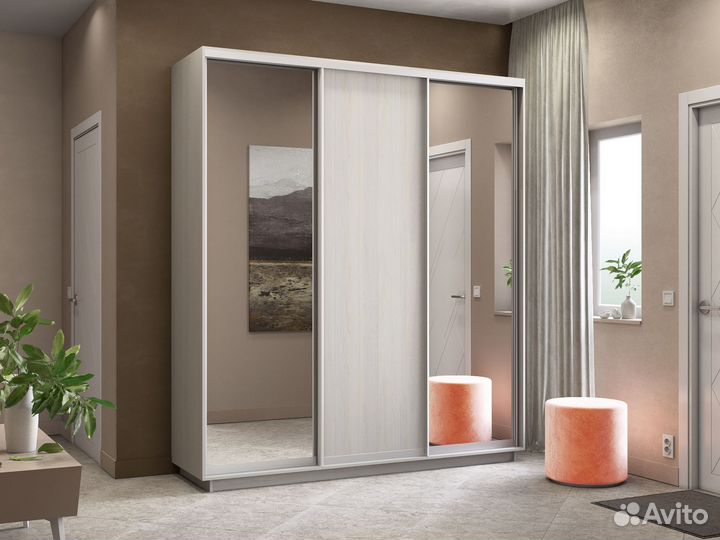 Шкаф купе с зеркалами. Ясень анкор-светлый