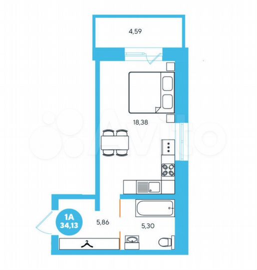 Квартира-студия, 34,1 м², 5/13 эт.