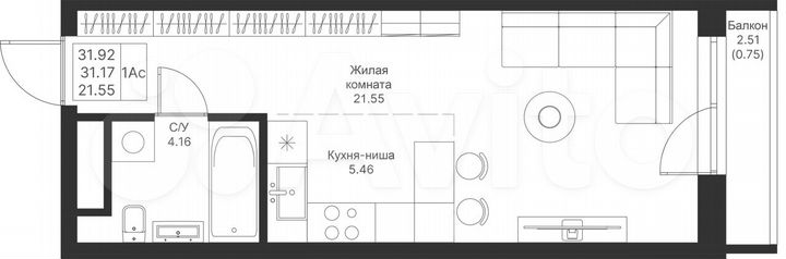 Квартира-студия, 31,9 м², 4/24 эт.