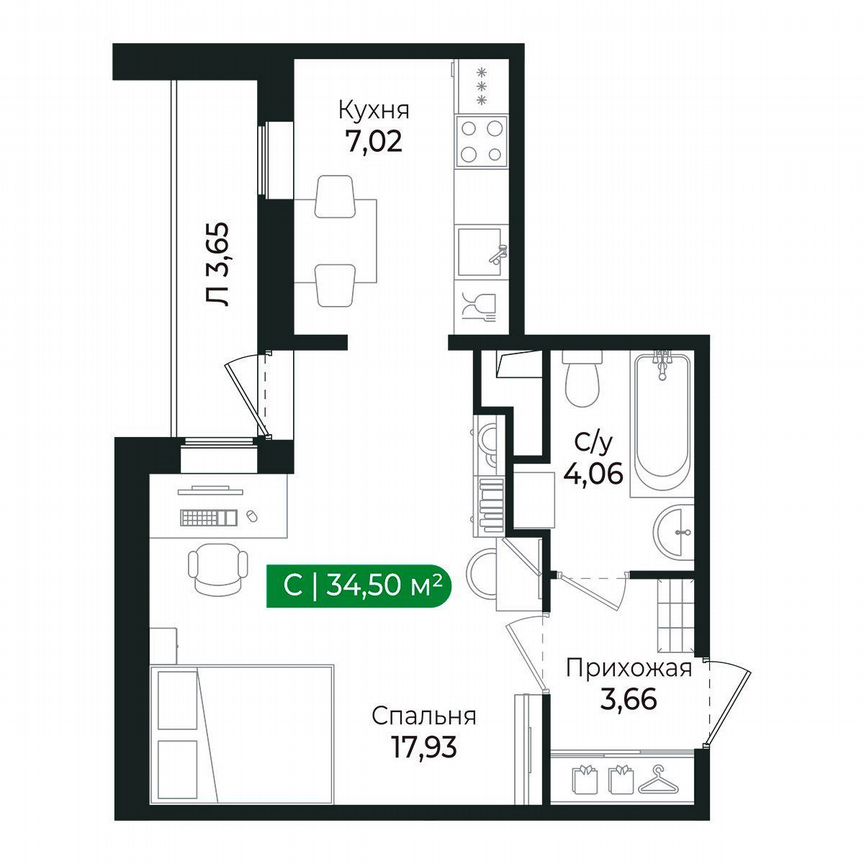 Квартира-студия, 34,5 м², 3/8 эт.