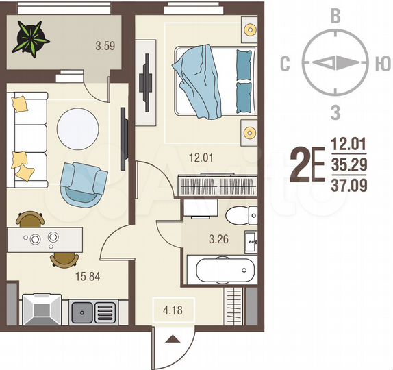 1-к. квартира, 37,1 м², 9/17 эт.