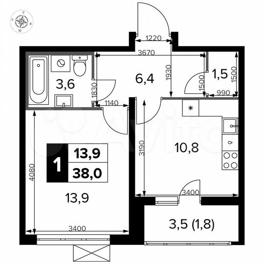 1-к. квартира, 38 м², 8/23 эт.