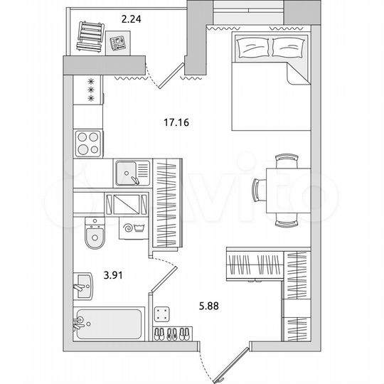 Квартира-студия, 29,2 м², 16/17 эт.