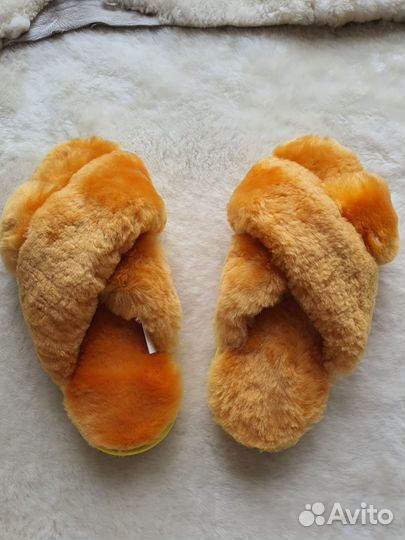 Женские меховые шлепанцы уличные желтые/овчина
