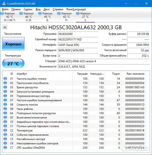 Почти новый жесткий диск 2TB Hitachi