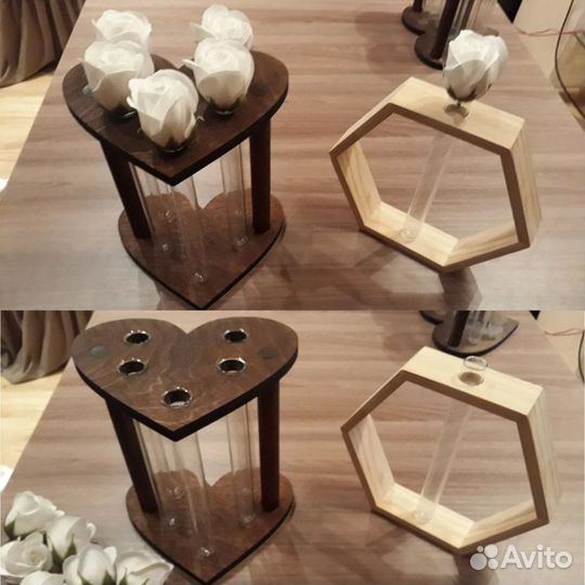 Ваза для цветов деревянная со стеклянными колбами