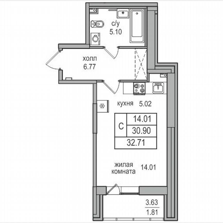 Квартира-студия, 32,3 м², 2/17 эт.