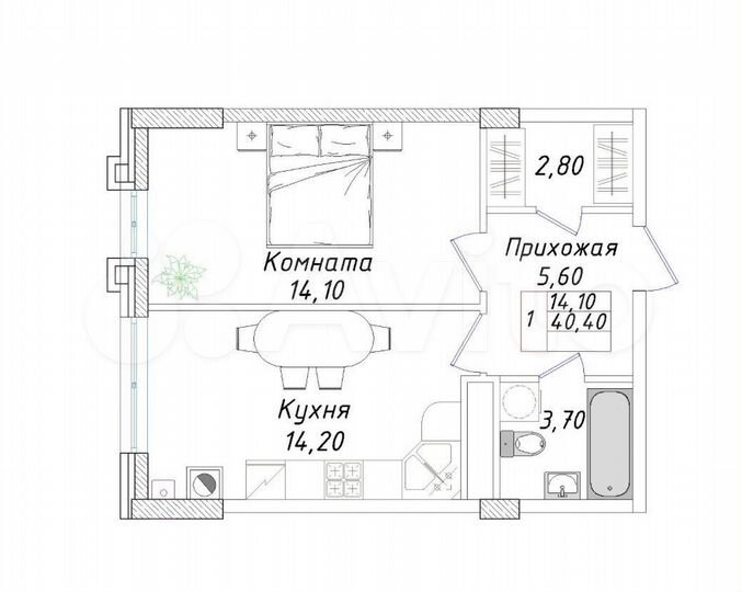 1-к. квартира, 40,4 м², 7/8 эт.