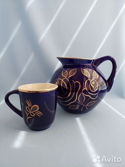 Кувшин и чашка,кобальт, Гжель, времена СССР