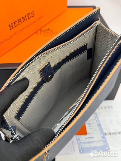 Сумка планшет Hermes натуральная кожа синяя