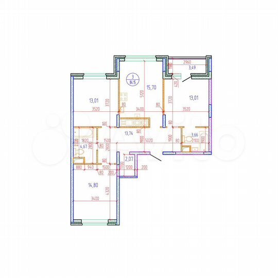 3-к. квартира, 84,2 м², 16/17 эт.