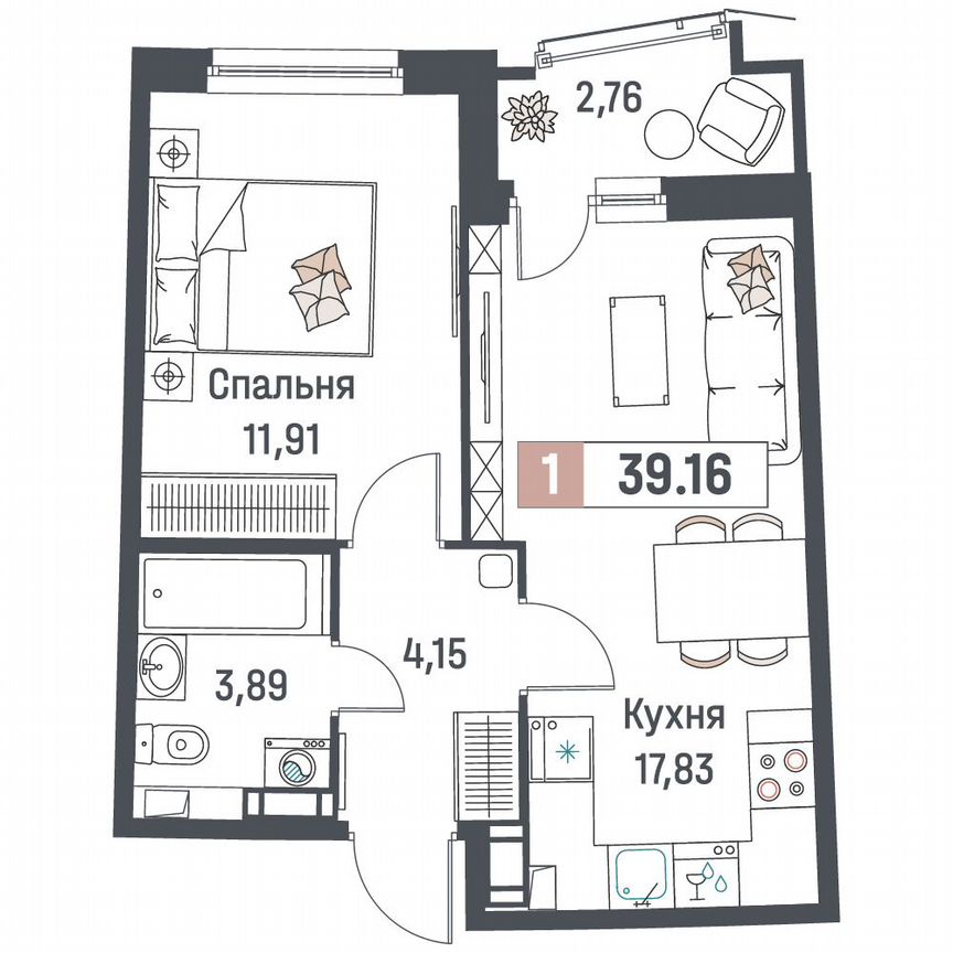 1-к. квартира, 39,2 м², 6/18 эт.
