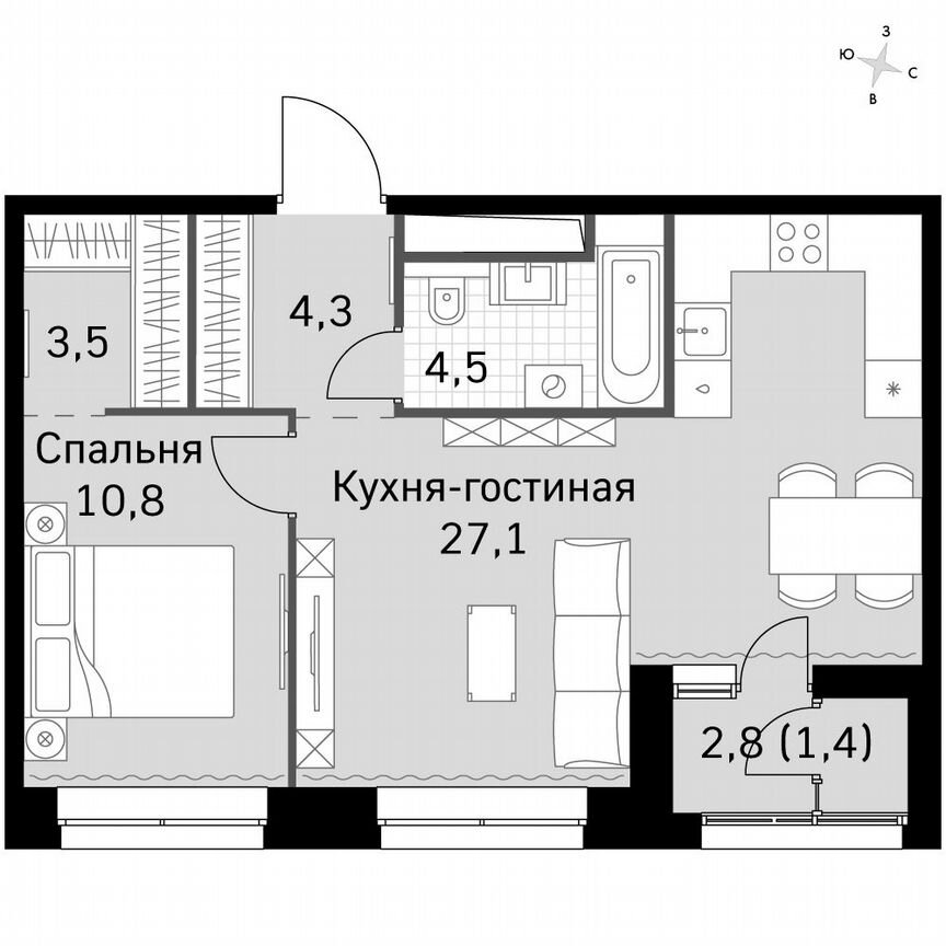 1-к. квартира, 51,9 м², 12/12 эт.