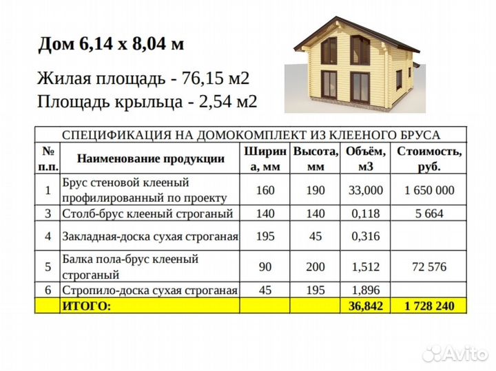 Домокомплект из бруса (клееного) 78 м2