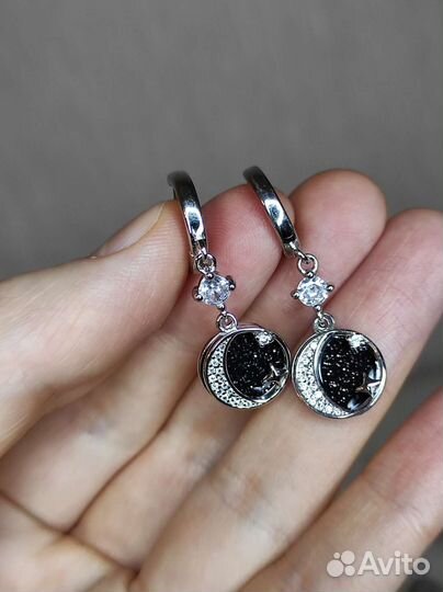 Серебряные серьги Луна и Звезды Новые