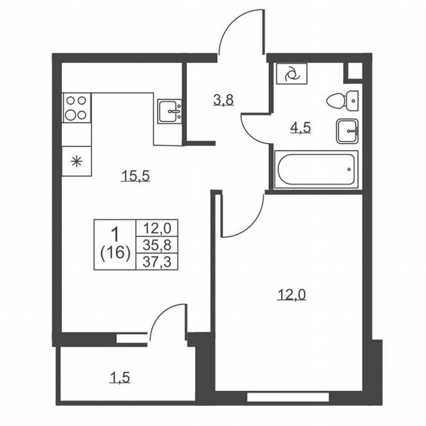 1-к. квартира, 37,3 м², 2/8 эт.