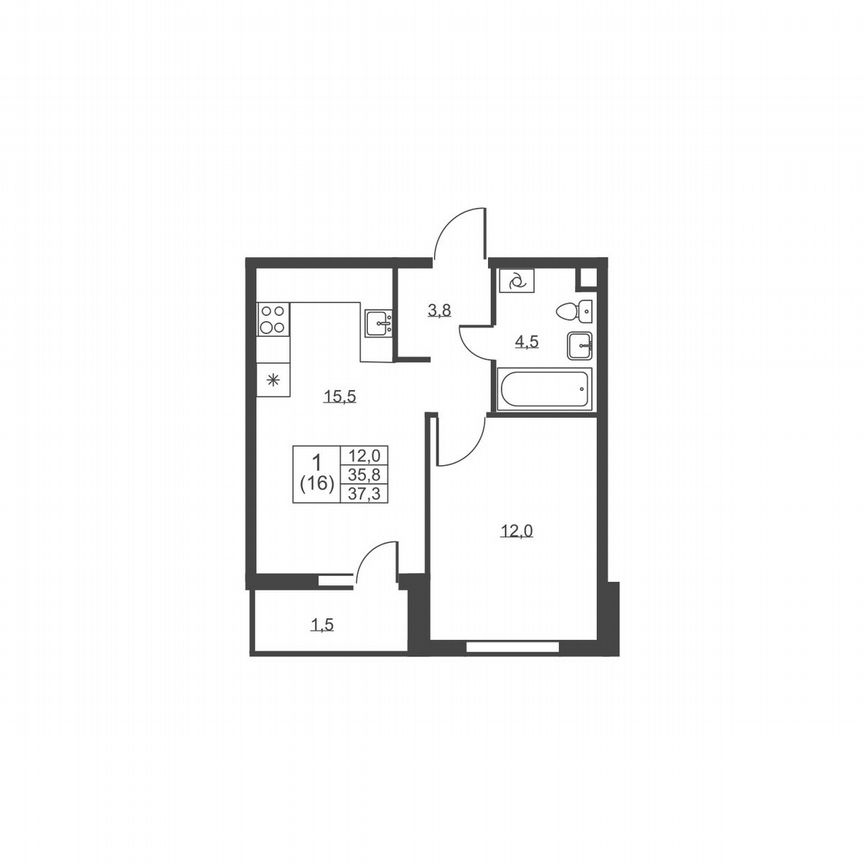 1-к. квартира, 37,3 м², 2/8 эт.