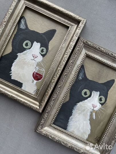 Картины этюды Кот и вино 10х15 картон