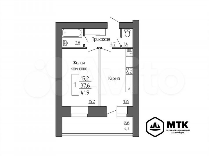 1-к. квартира, 41,9 м², 7/8 эт.