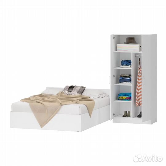 Кровать белая двуспальная 1600 со шкафом для одежды 2-х створчатым Стандарт, цвет белый, спальное ме