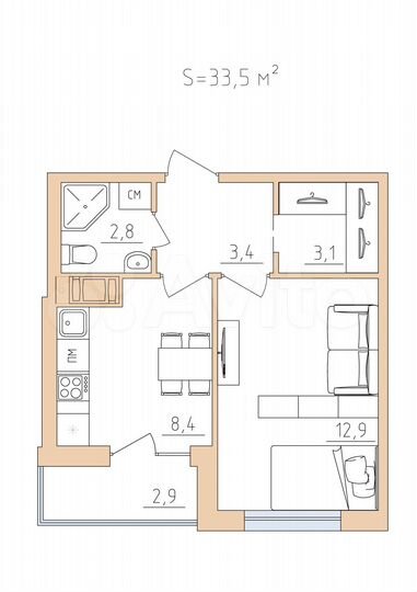 1-к. квартира, 33,5 м², 2/7 эт.