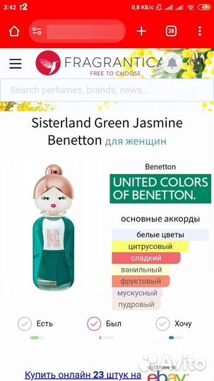 Духи Sisterland Green Jasmine Benetton
