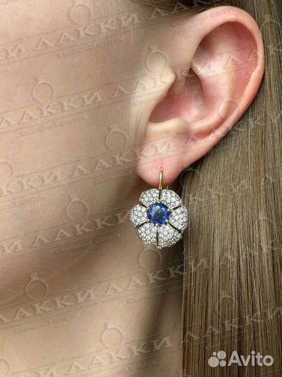 Золотые серьги с сапфирами и брилл 750 / 15.62 гр
