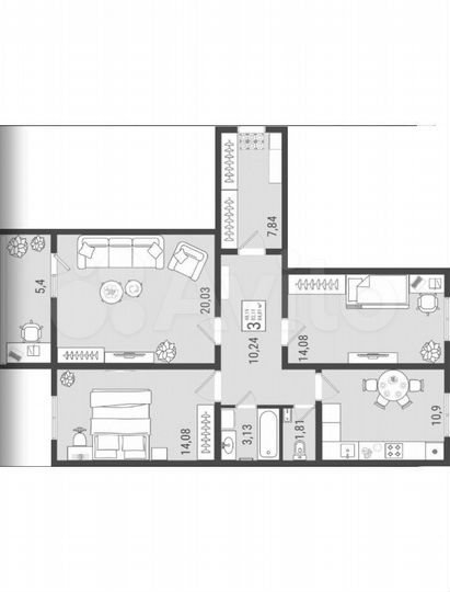 3-к. квартира, 84,8 м², 3/9 эт.