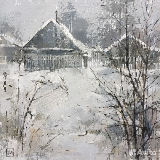 Картина масло зимний пейзаж