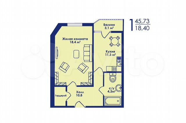 1-к. квартира, 45,7 м², 2/17 эт.