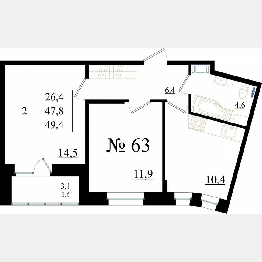 2-к. квартира, 49,4 м², 8/8 эт.